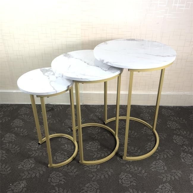Space Saving White Round Nesting Coffee Side End Table Set Adjustable Feet - Kwikley