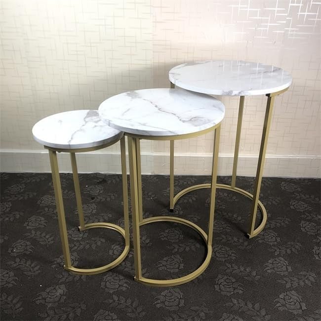 Space Saving White Round Nesting Coffee Side End Table Set Adjustable Feet - Kwikley