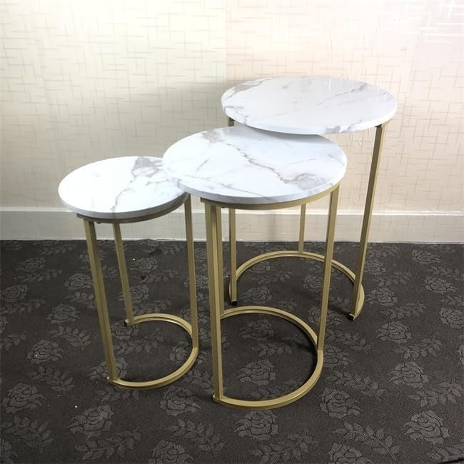 Space Saving White Round Nesting Coffee Side End Table Set Adjustable Feet - Kwikley