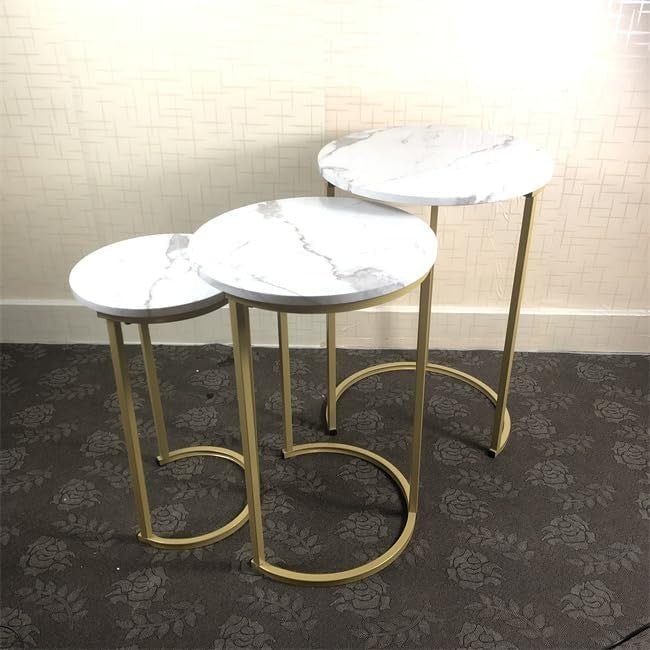 Space Saving White Round Nesting Coffee Side End Table Set Adjustable Feet - Kwikley