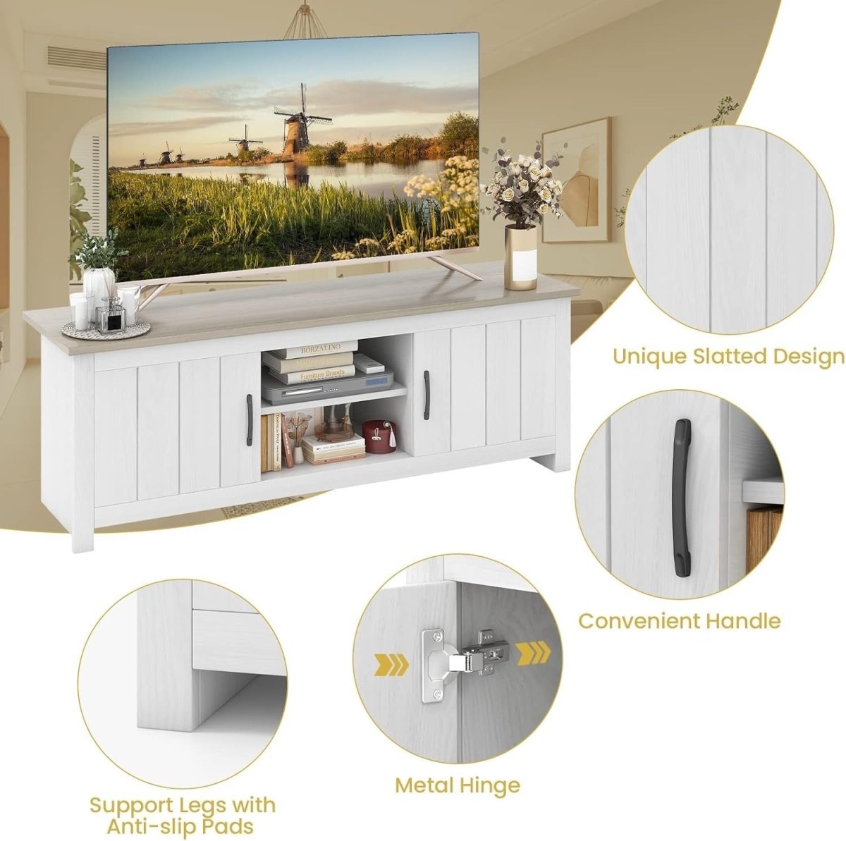 Spacious Wooden TV Stand Cabinet for TVs up to 65" with Storage Shelves - Kwikley