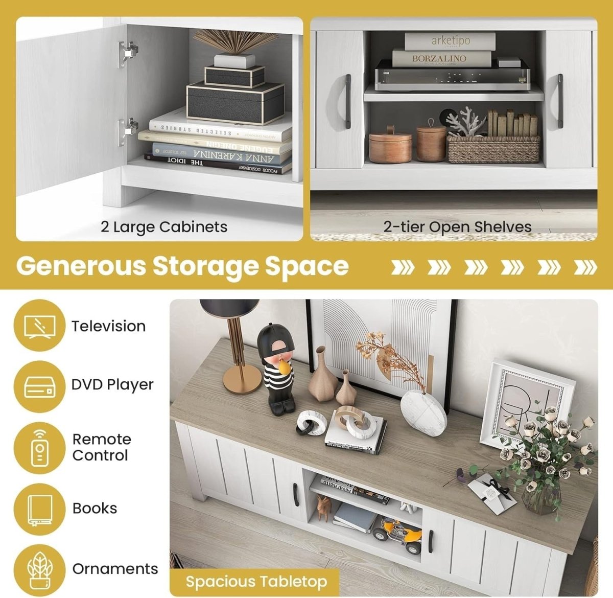 Spacious Wooden TV Stand Cabinet for TVs up to 65" with Storage Shelves - Kwikley
