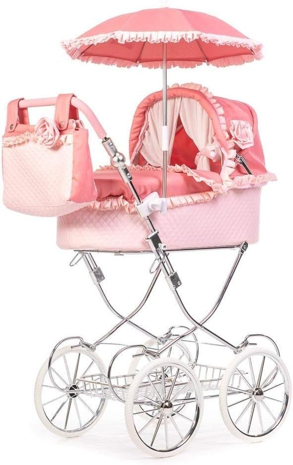 Spanish Style Dolls Pram Pink Adjustable Handle Foldable Buggy for Kids - Kwikley