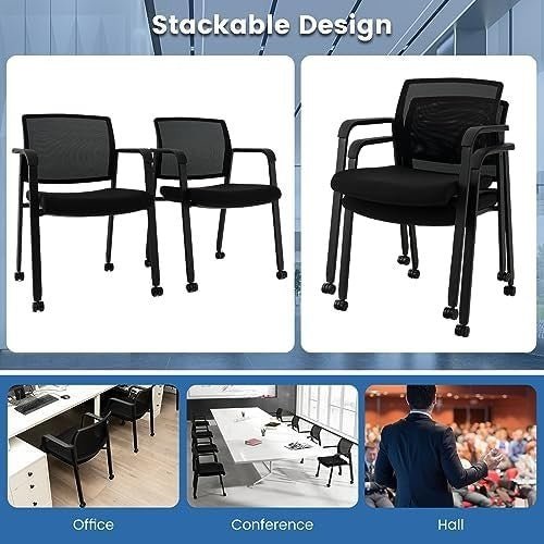 Stackable Black Mesh Office Chairs Set of 2 – Ergonomic Conference Seats - Kwikley