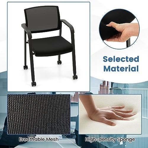 Stackable Black Mesh Office Chairs Set of 2 – Ergonomic Conference Seats - Kwikley