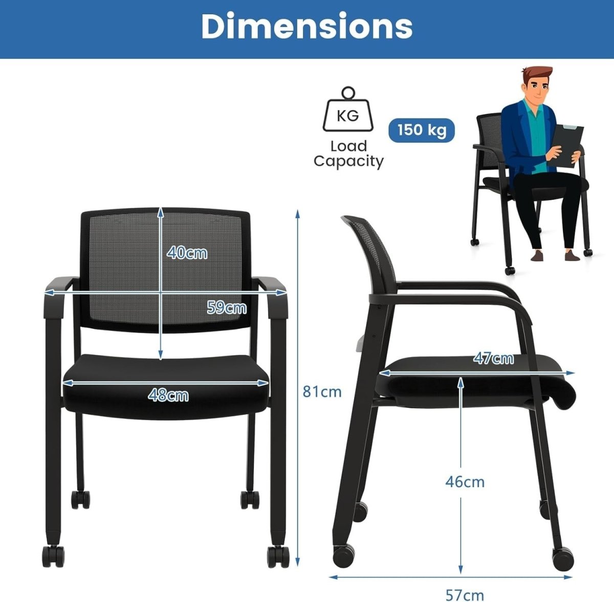 Stackable Black Mesh Office Chairs Set of 2 – Ergonomic Conference Seats - Kwikley