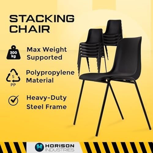 Stackable Black Plastic Dining Chairs Set of 10 – Durable Office & Canteen Seats - Kwikley