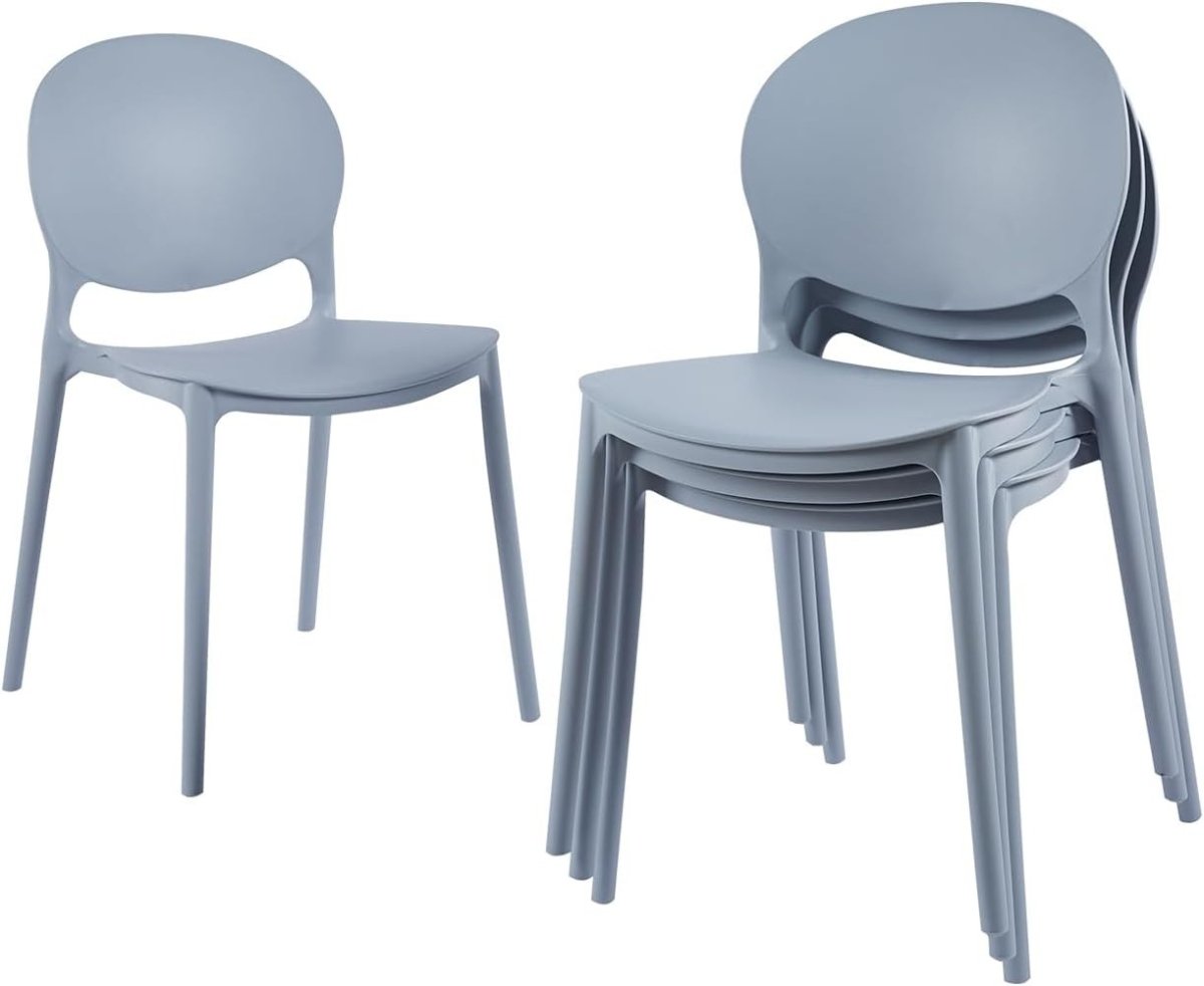 Stackable Dining Chairs Set 4 Light Grey Plastic Modern Kitchen Seats - Kwikley