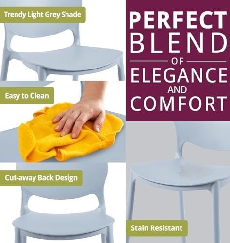 Stackable Dining Chairs Set 4 Light Grey Plastic Modern Kitchen Seats - Kwikley