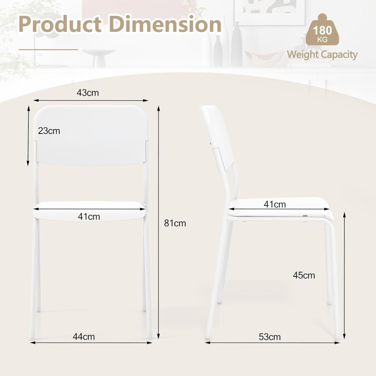 Stackable Dining Chairs Set 4 White Wide Seat Metal Legs - Kwikley