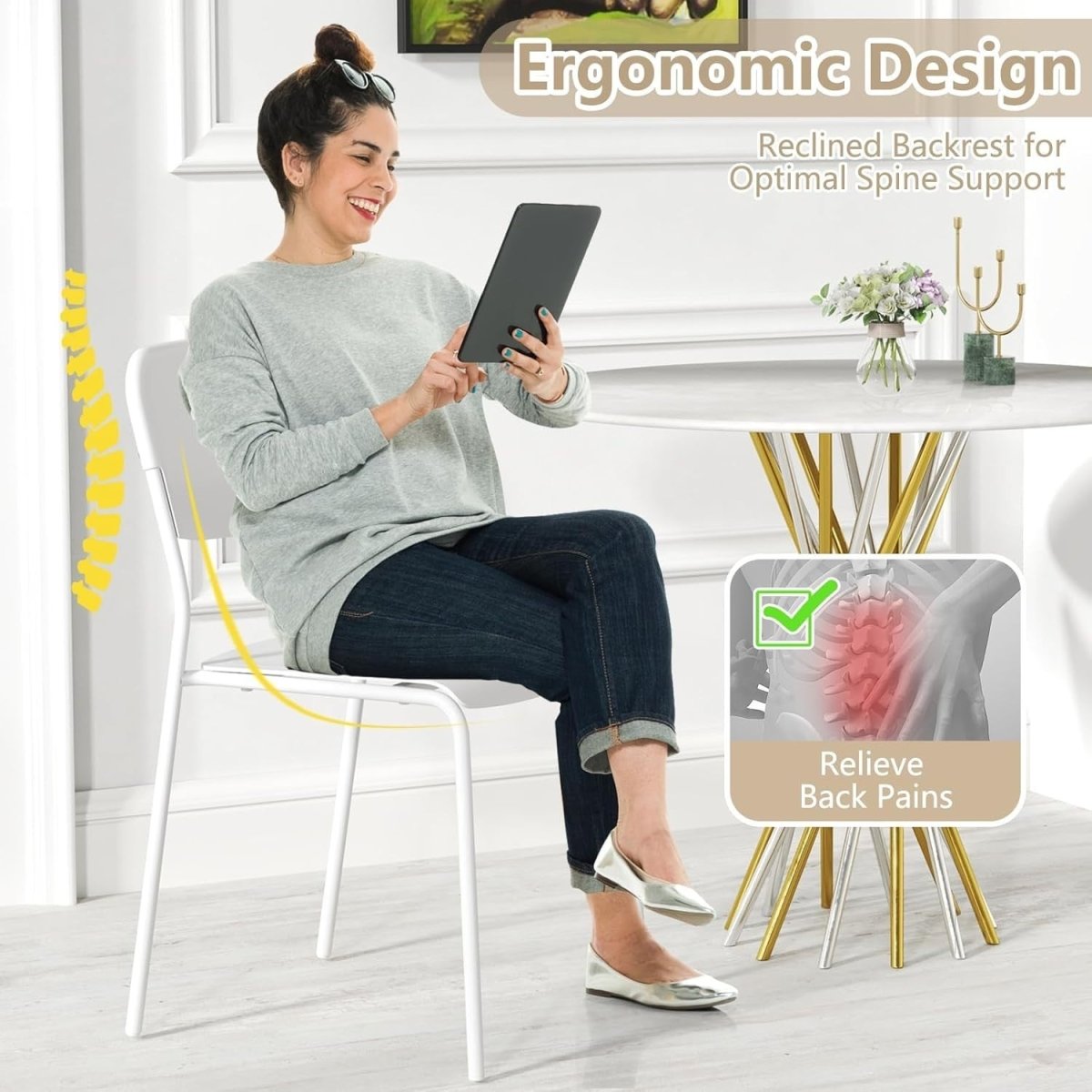 Stackable Dining Chairs Set 4 White Wide Seat Metal Legs - Kwikley