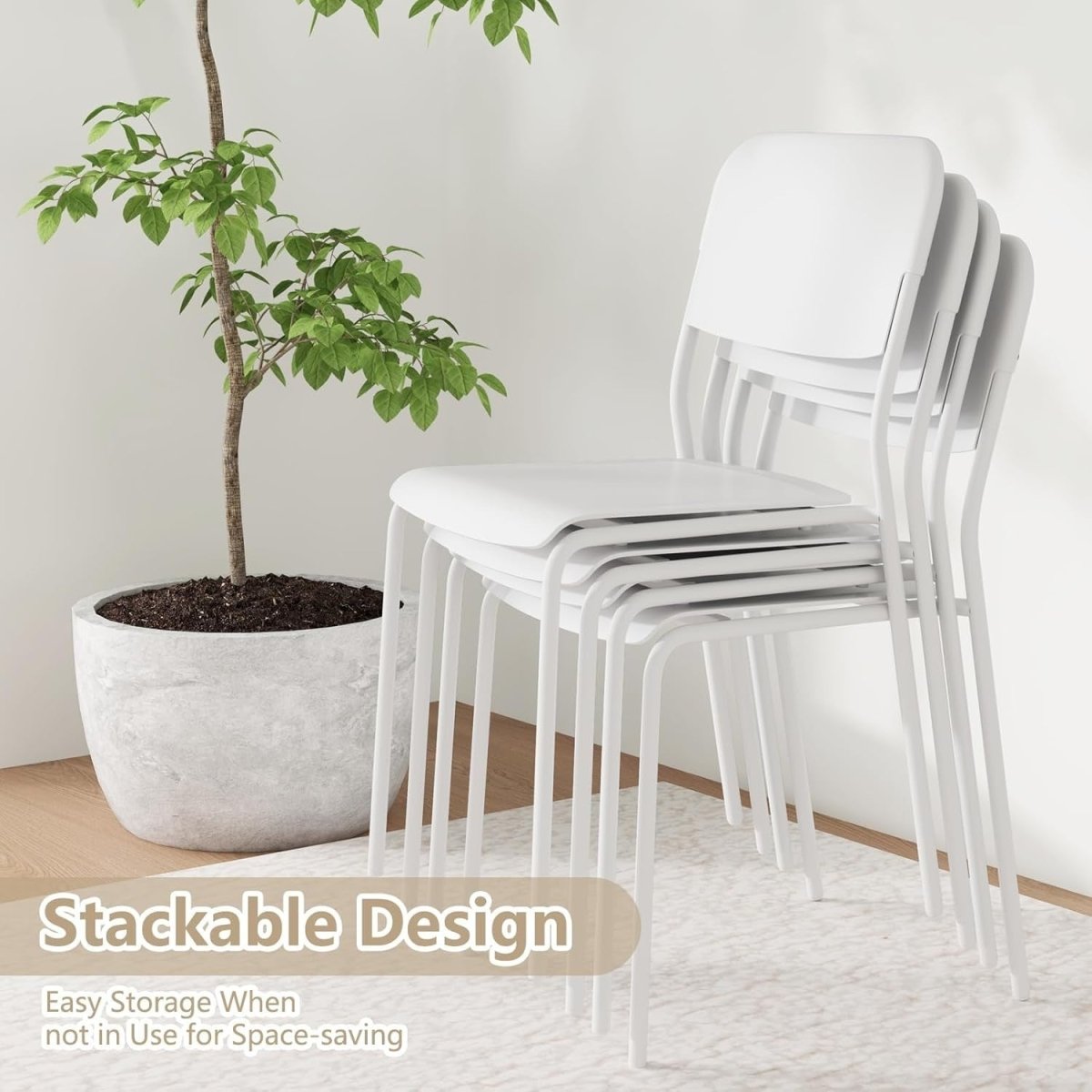 Stackable Dining Chairs Set 4 White Wide Seat Metal Legs - Kwikley