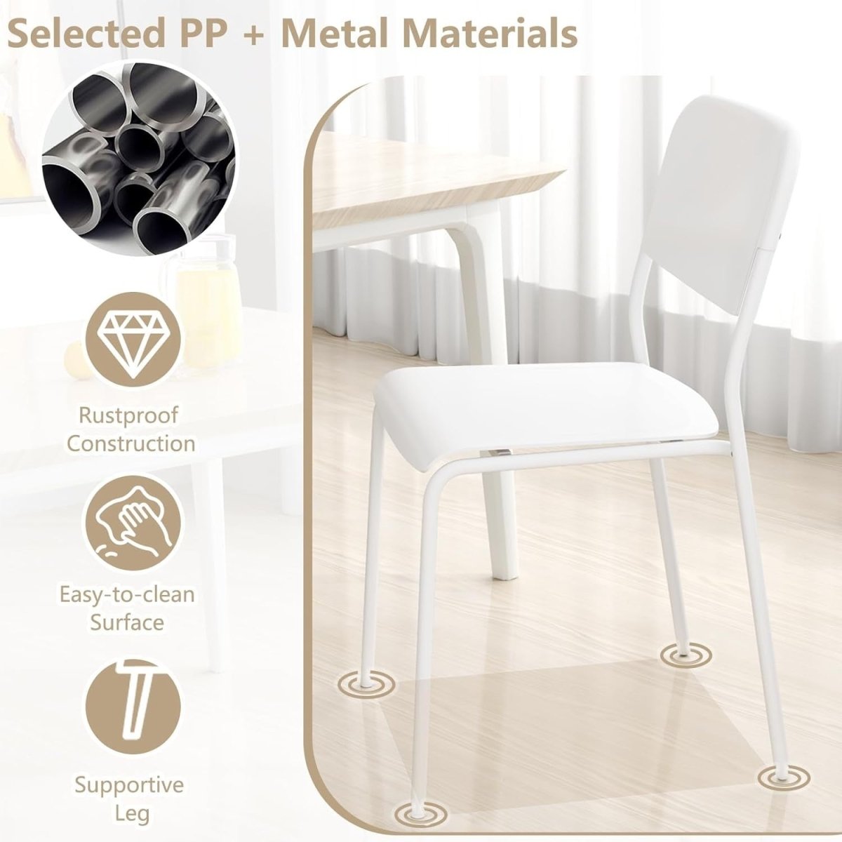 Stackable Dining Chairs Set 4 White Wide Seat Metal Legs - Kwikley