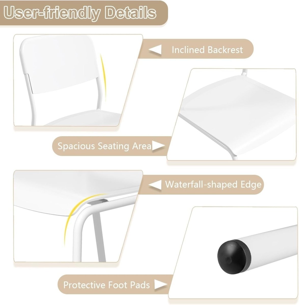 Stackable Dining Chairs Set 4 White Wide Seat Metal Legs - Kwikley