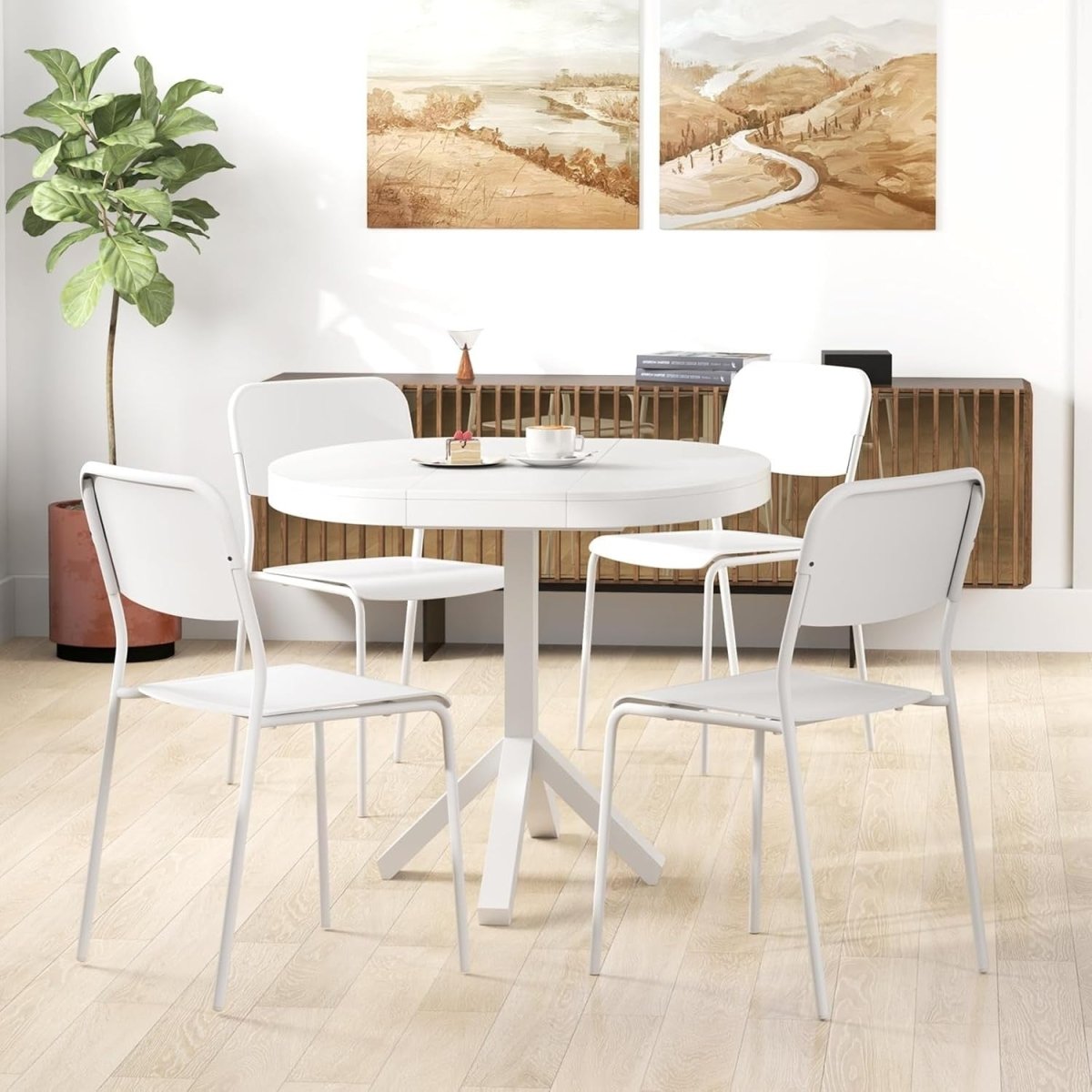 Stackable Dining Chairs Set 4 White Wide Seat Metal Legs - Kwikley