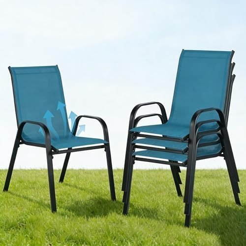 Stackable Garden Chairs Set of 4 Outdoor Patio Dining Chairs Metal Frame Blue - Kwikley