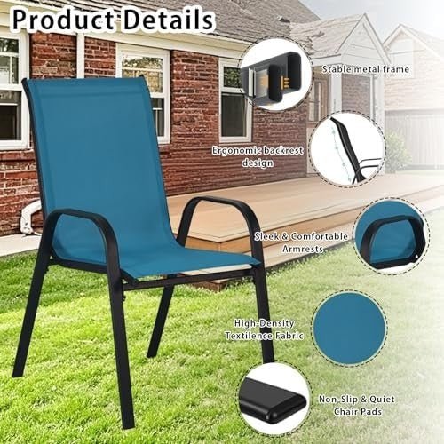 Stackable Garden Chairs Set of 4 Outdoor Patio Dining Chairs Metal Frame Blue - Kwikley