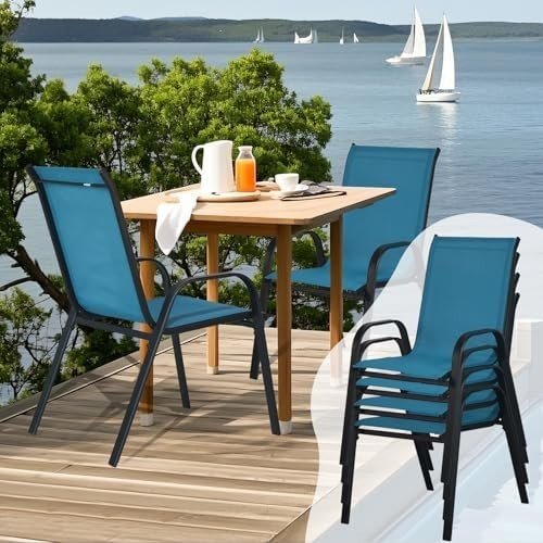 Stackable Garden Chairs Set of 4 Outdoor Patio Dining Chairs Metal Frame Blue - Kwikley