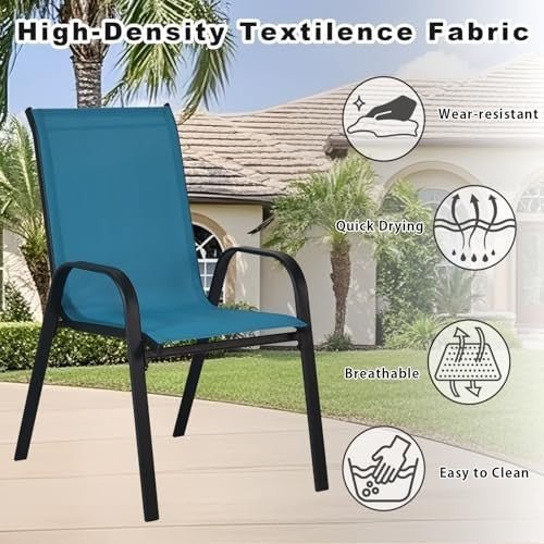 Stackable Garden Chairs Set of 4 Outdoor Patio Dining Chairs Metal Frame Blue - Kwikley