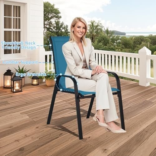 Stackable Garden Chairs Set of 4 Outdoor Patio Dining Chairs Metal Frame Blue - Kwikley