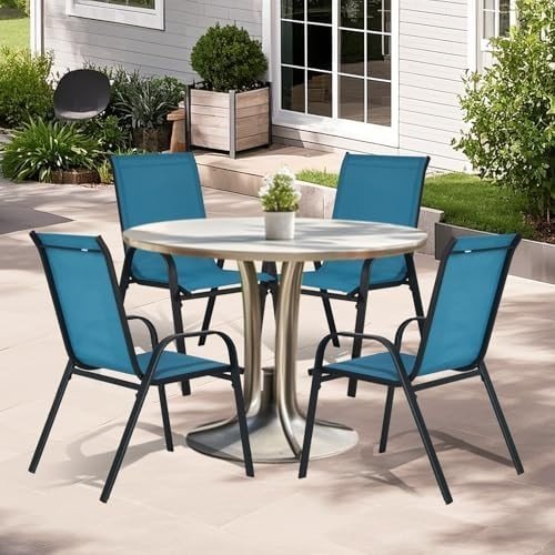 Stackable Garden Chairs Set of 4 Outdoor Patio Dining Chairs Metal Frame Blue - Kwikley