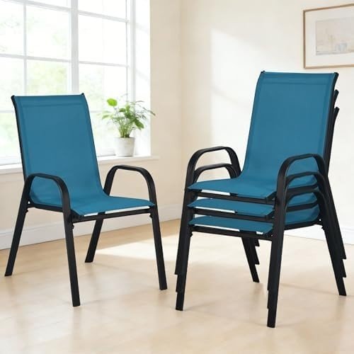 Stackable Garden Chairs Set of 4 Outdoor Patio Dining Chairs Metal Frame Blue - Kwikley