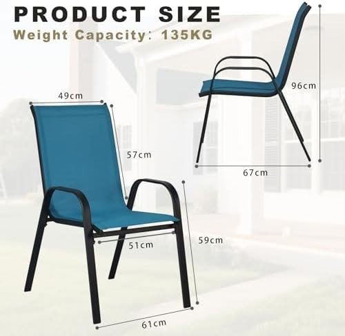 Stackable Garden Chairs Set of 4 Outdoor Patio Dining Chairs Metal Frame Blue - Kwikley