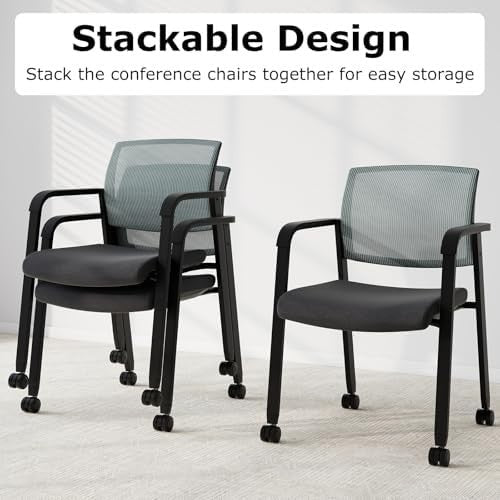 Stackable Grey Mesh Office Chairs Set of 2 – Ergonomic Conference Seats - Kwikley