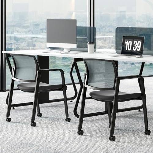 Stackable Grey Mesh Office Chairs Set of 2 – Ergonomic Conference Seats - Kwikley