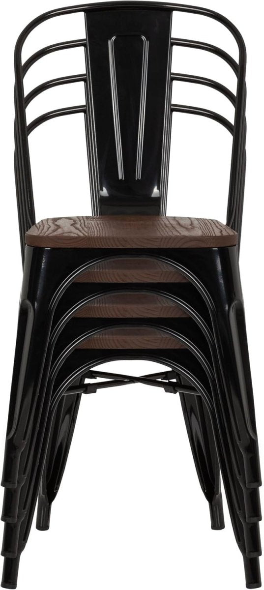 Stackable Industrial Bistro Chair Metal Frame Wood Seat Home Restaurant - Kwikley
