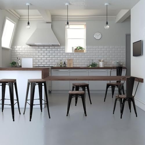 Stackable Industrial Bistro Chair Metal Frame Wood Seat Home Restaurant - Kwikley