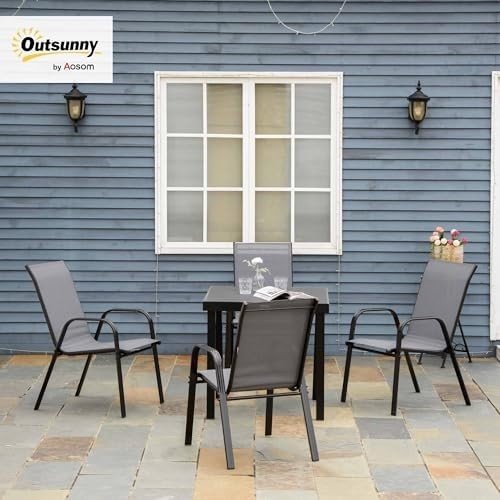 Stackable Outdoor Garden Chairs Dark Grey Mesh Dining 4 - Pack - Kwikley