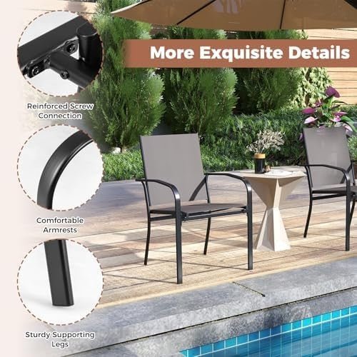 Stackable Outdoor Garden Chairs Set of 2 Metal Fabric Patio Armchairs Grey - Kwikley
