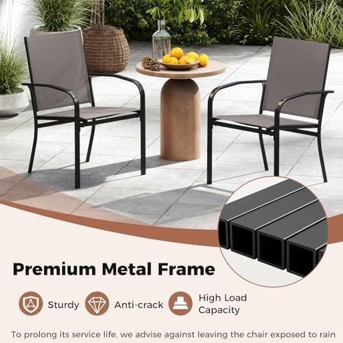 Stackable Outdoor Garden Chairs Set of 2 Metal Fabric Patio Armchairs Grey - Kwikley