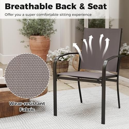 Stackable Outdoor Garden Chairs Set of 2 Metal Fabric Patio Armchairs Grey - Kwikley