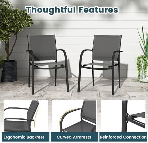 Stackable Outdoor Garden Chairs Set of 2 Steel Frame Patio Dining Chairs Grey - Kwikley