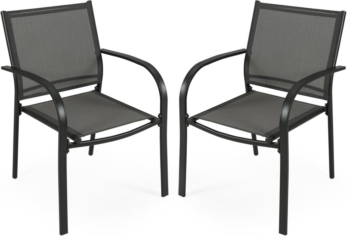 Stackable Outdoor Garden Chairs Set of 2 Steel Frame Patio Dining Chairs Grey - Kwikley