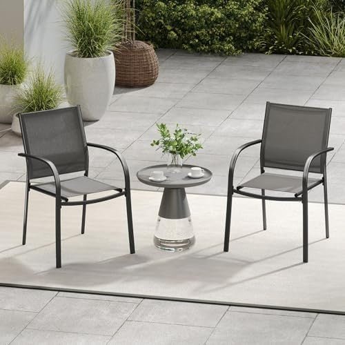 Stackable Outdoor Garden Chairs Set of 2 Steel Frame Patio Dining Chairs Grey - Kwikley