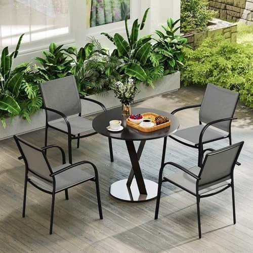 Stackable Outdoor Garden Chairs Set of 2 Steel Frame Patio Dining Chairs Grey - Kwikley