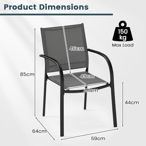 Stackable Outdoor Garden Chairs Set of 2 Steel Frame Patio Dining Chairs Grey - Kwikley