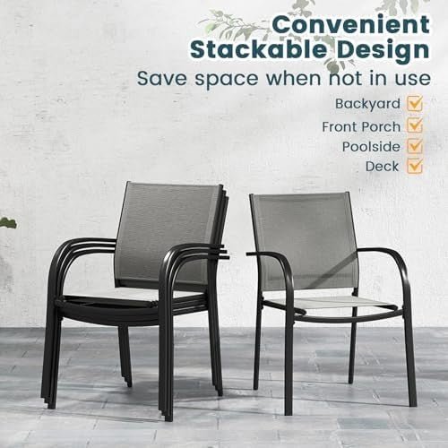 Stackable Outdoor Garden Chairs Set of 2 Steel Frame Patio Dining Chairs Grey - Kwikley