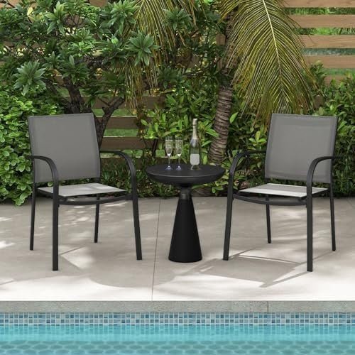 Stackable Outdoor Garden Chairs Set of 2 Steel Frame Patio Dining Chairs Grey - Kwikley