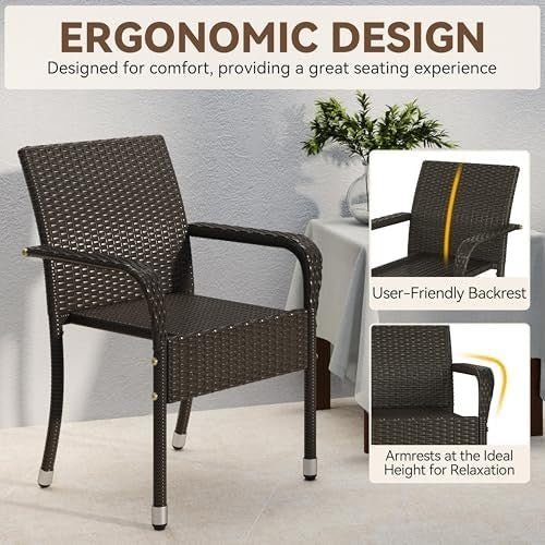 Stackable Outdoor Rattan Garden Chairs with Armrests Set of 2 Patio - Kwikley
