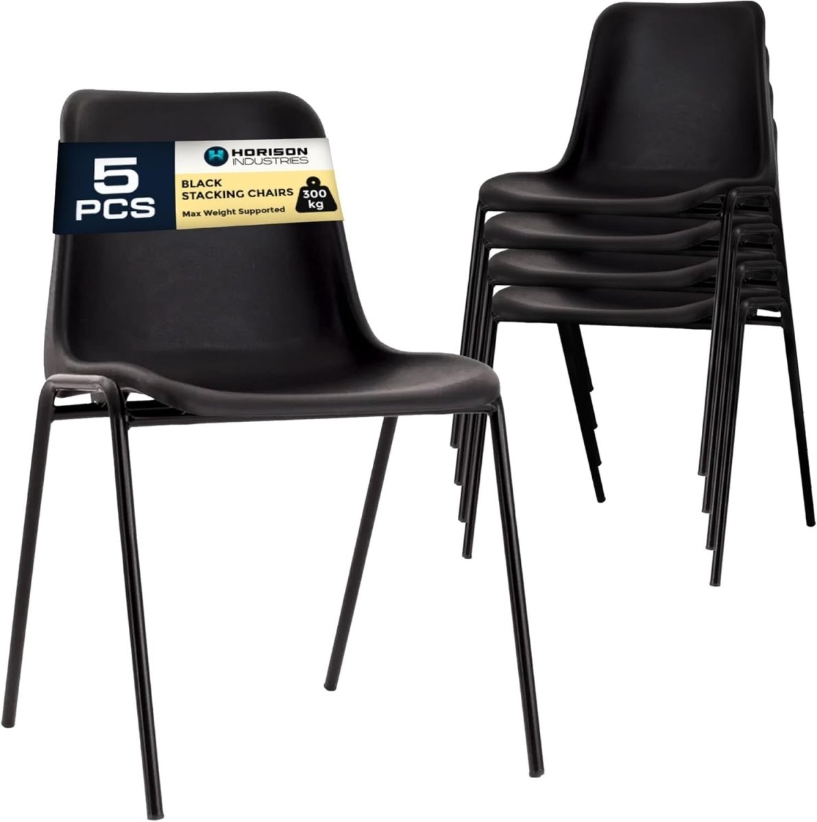 Stackable Plastic Chairs Set 5 Black Heavy Duty Reception Dining Seats - Kwikley