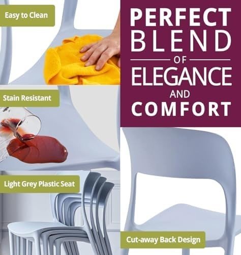 Stackable Plastic Dining Chairs Set of 4 Modern Light Grey Kitchen Seats - Kwikley