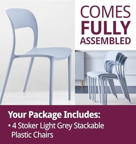 Stackable Plastic Dining Chairs Set of 4 Modern Light Grey Kitchen Seats - Kwikley