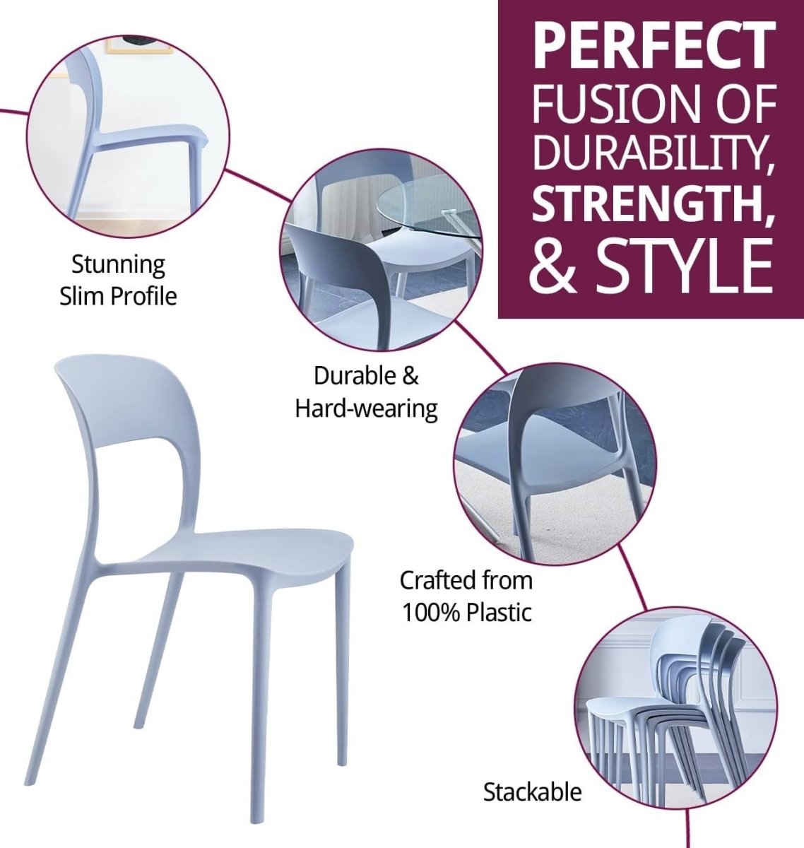 Stackable Plastic Dining Chairs Set of 4 Modern Light Grey Kitchen Seats - Kwikley