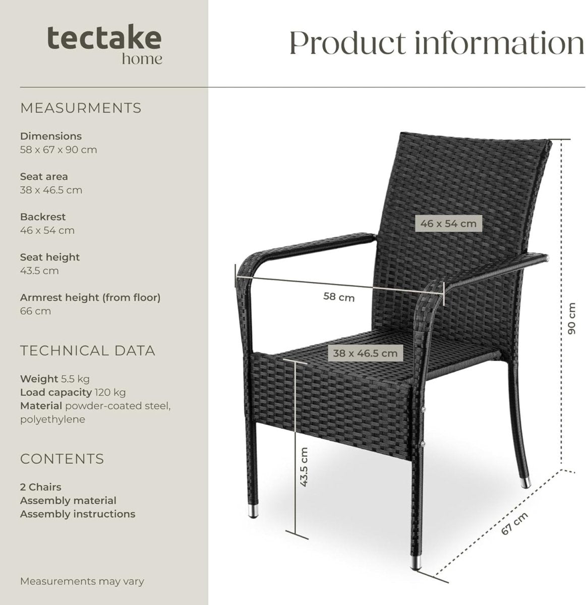 Stackable Rattan Garden Chairs Set of 2 Outdoor Patio Balcony Armchairs - Kwikley