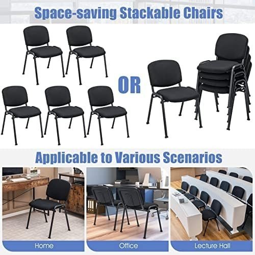 Stackable Reception Chairs Set 5 Black Linen Metal Frame Office - Kwikley