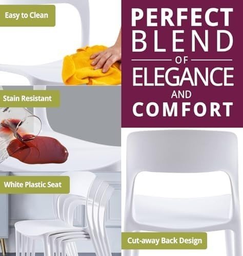 Stackable White Plastic Dining Chairs Set of 4 – Modern Kitchen & Office Seats - Kwikley